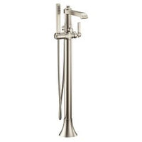 Brushed nickel one-handle tub filler includes hand shower