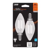 Feit LED White Filament BA10 E12 (Candelabra) Filament LED Bulb Soft White 60 Watt Equivalence 2 pk