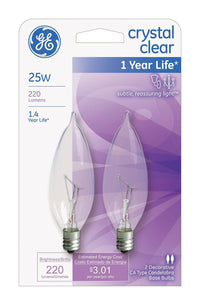 GE Lighting Crystal Clear 25 watts CA10 Decorative Light Bulb 220 lumens White (Clear) Bent Tip