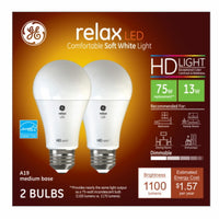 GE Relax A19 E26 (Medium) LED Bulb Soft White 75 Watt Equivalence 2 pk