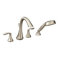 Brushed nickel two-handle high arc roman tub faucet includes hand shower