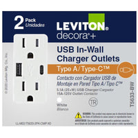 Leviton Decora 15 amps Type A/C Duplex White Outlet and USB Charger 5-15 R 2 pk