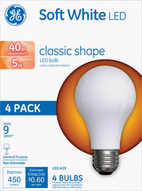 GE A19 LED Bulb Soft White 40 Watt Equivalence 4 pk