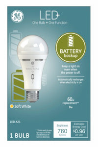 GE Lighting LED+ A21 E26 (Medium) LED Smart Battery Backup Bulb Soft White 60 Watt Equivalence