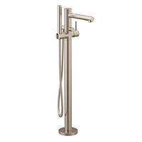 Brushed nickel one-handle tub filler includes hand shower