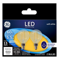 GE G16 E12 (Candelabra) LED Bulb Soft White 60 Watt Equivalence 2 pk