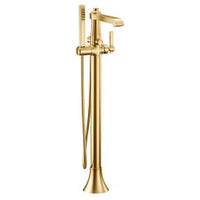 Brushed gold one-handle tub filler includes hand shower