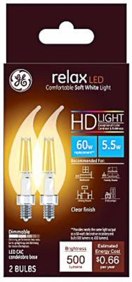 GE Lighting Relax CAC E12 (Candelabra) LED Bulb Soft White 60 Watt Equivalence 2 pk