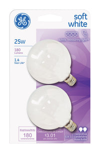 GE 25 watts G16.5 Globe Incandescent Bulb E12 (Candelabra) Soft White 2 pk (Pack of 6)