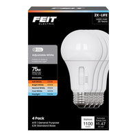 Feit A19 E26 (Medium) LED Bulb Adjustable White 75 Watt Equivalence 4 pk