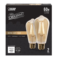 Feit ST19 E26 (Medium) Filament LED Bulb Warm Amber 60 Watt Equivalence 2 pk