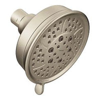 Brushed nickel four-function 4-3/8" diameter spray head eco-performance showerhead