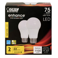 Feit Enhance A19 E26 (Medium) LED Bulb Bright White 75 Watt Equivalence 2 pk