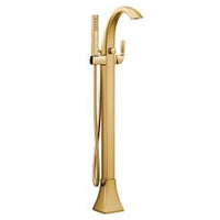 Brushed gold one-handle tub filler includes hand shower