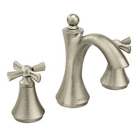 Brushed nickel two-handle high arc bathroom faucet