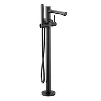 Matte black one-handle tub filler includes hand shower