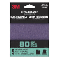 3M Ultra Durable 5.5 L x 4.5 W 80 Grit Aluminum Oxide 1/4 Sheet Sandpaper 5 pk