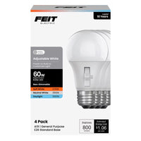 Feit A19 E26 (Medium) LED Bulb Adjustable White 60 Watt Equivalence 4 pk