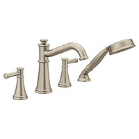 Brushed nickel two-handle diverter roman tub faucet includes hand shower