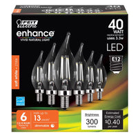 Feit Enhance CA10 E12 (Candelabra) Filament LED Bulb Soft White 40 Watt Equivalence 6 pk