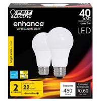 Feit Enhance A19 E26 (Medium) LED Bulb Bright White 40 Watt Equivalence 2 pk