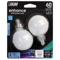 Feit Enhance G16.5 E12 (Candelabra) Filament LED Bulb Daylight 60 Watt Equivalence 2 pk