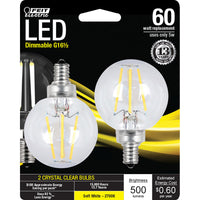 Feit G16.5 E12 (Candelabra) LED Bulb Soft White 60 Watt Equivalence 2 pk