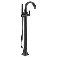 Matte black one-handle tub filler includes hand shower