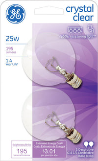 GE 25 watts G16.5 Globe Incandescent Bulb E12 (Candelabra) Soft White 2 pk