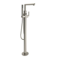 Brushed nickel one-handle tub filler includes hand shower