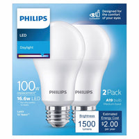 Philips A19 E26 (Medium) LED Bulb Daylight 100 Watt Equivalence 2 pk