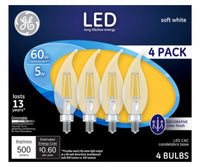 Decorative LED Light Bulbs, Soft White, CAC, Clear, Dimmable, 500 Lumens, 5-Watts, 4-Pk.