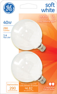 GE 40 watts G16.5 Globe Incandescent Bulb E12 (Candelabra) Soft White 2 pk