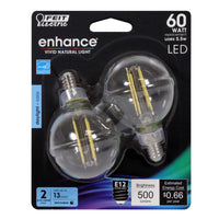 Feit Enhance G16.5 E12 (Candelabra) Filament LED Bulb Daylight 60 Watt Equivalence 2 pk