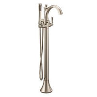 Brushed nickel one-handle tub filler includes hand shower