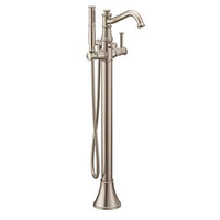 Brushed nickel one-handle tub filler includes hand shower