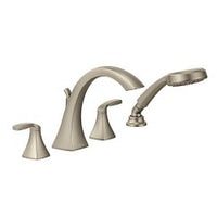 Brushed nickel two-handle high arc roman tub faucet includes hand shower