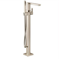 Brushed nickel one-handle tub filler includes hand shower