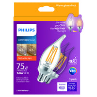 Philips 120V 75W 600 lm. Soft White Clear E12 Candelabra Base 90 CRI 2700K LED Bulb