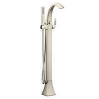 Brushed nickel one-handle tub filler includes hand shower