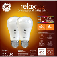 GE Lighting Relax A19 E26 (Medium) LED Bulb Soft White 40 Watt Equivalence 2 pk