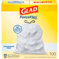 Glad Force Flex 13 gal No Scent Scent Kitchen Trash Bags Drawstring 100 pk 0.72 mil (Pack of 4)