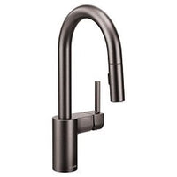 Black stainless one-handle high arc pulldown bar faucet