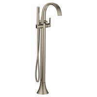 Brushed nickel one-handle tub filler includes hand shower