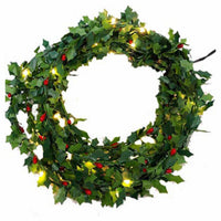 Green Leaf & Red Berry Garland, 27 Warm White LED Lights, Green Wire, 9-Ft.