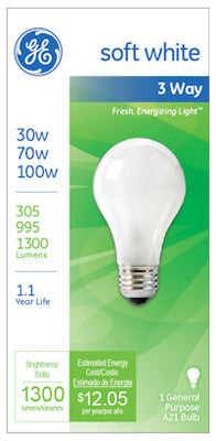 GE 30/70/100 watts A21 Three Way Bulb A-Line Incandescent Bulb E26 (Medium) Soft White 1 pk