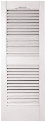 15 x 39-In. White  Louvered Shutters, Vinyl Arched Top Center Rail, Pair