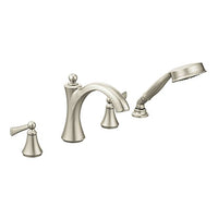 Brushed nickel two-handle diverter roman tub faucet includes hand shower