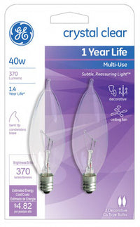 GE 40 watts CA10 Decorative Incandescent Bulb E12 (Candelabra) Soft White 2 pk