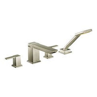 Brushed nickel two-handle high arc roman tub faucet includes hand shower